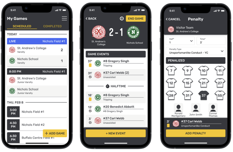 mobile screenshots of the soccer scoresheets